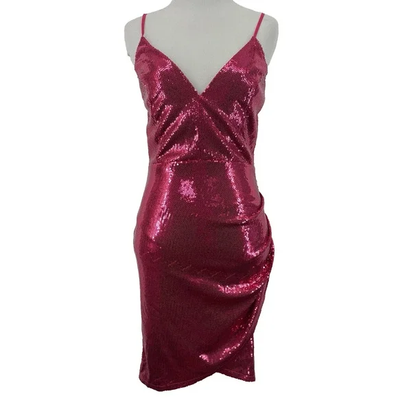 LULUS‎ Size S Glisten Up Sequin Mini Dress Hot Pink Bodycon Cocktail Party bling - Picture 2 of 11